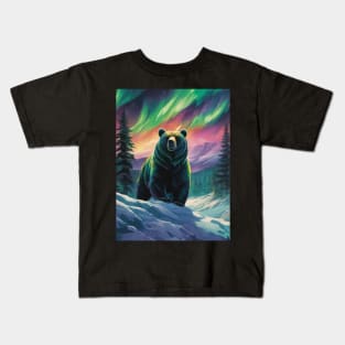 Brown Bear with Forest and Borealis, Colorful, Beautiful Kids T-Shirt